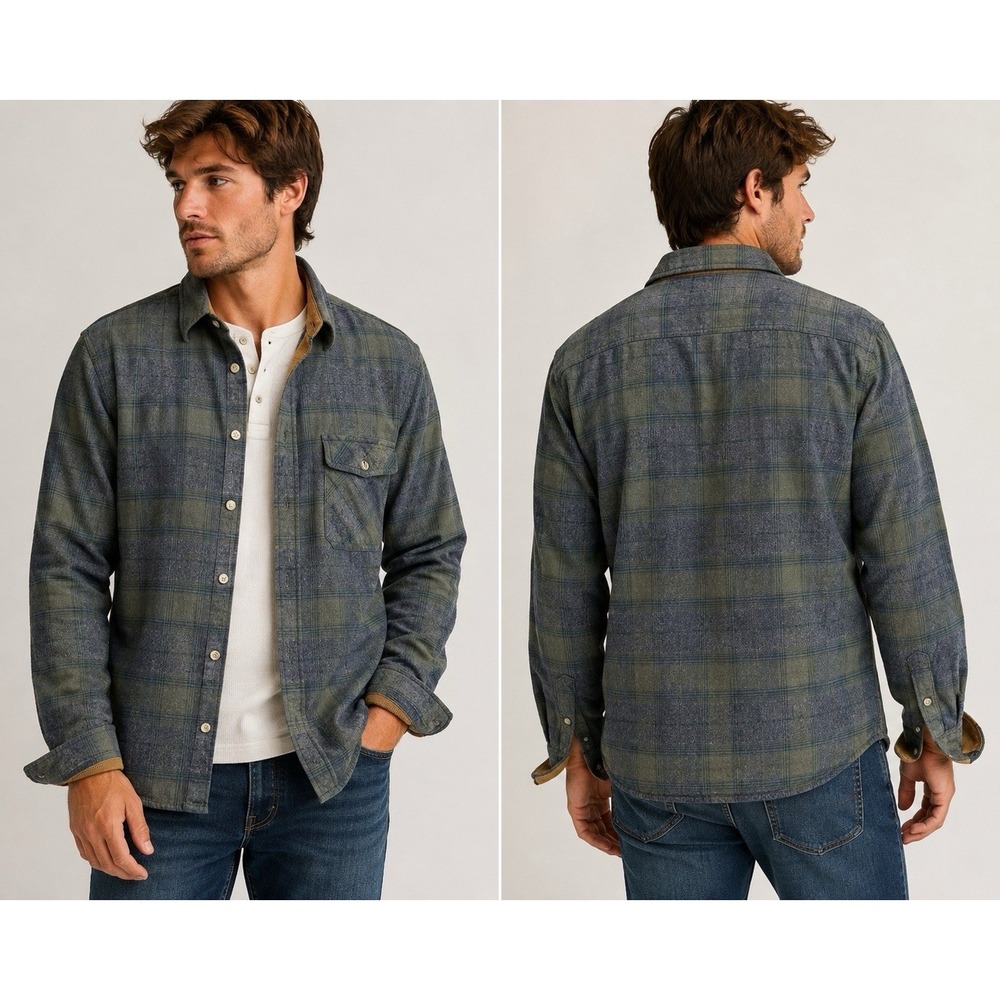 CQA Men's Medium Plaid Flannel Button Up Shirt Corduroy Trim Green Blue